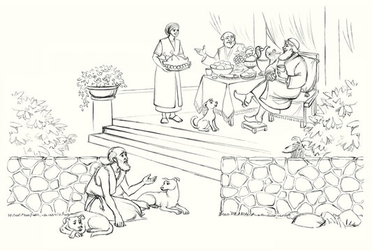 Pencil drawing. The rich man is feasting and the beggar asks for food