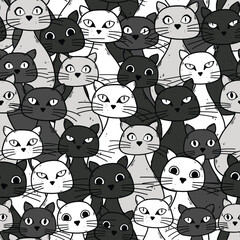 Fun cat faces pattern in gray, black and white. Cute cartoon style pet animal illustration for cat lovers.  Adorable and funny seamles pattern with kittens. Hand drawn pussycats.