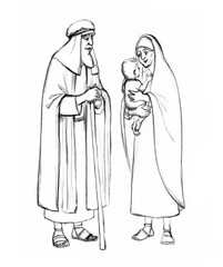 Pencil drawing. Sarah holding her son