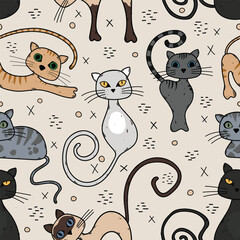 Cat lovers pattern with cute kittens. Seamless vector animal pattern. Ginger, grey, black, and white kitty illustrations. Adorable pet animal design with a textured tan background.