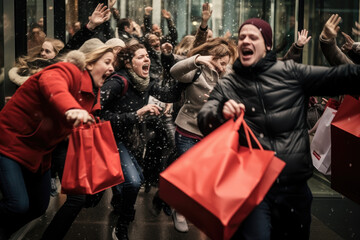 Midnight Black Friday shopping spree, with shoppers wielding shopping bags