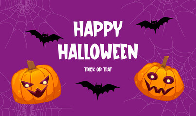 Happy Halloween banner with pumpkins and bats on purple background. Colorful vector illustration in cartoon style.