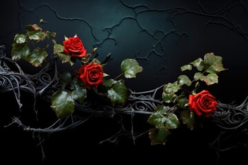 blood red roses on a curly vine, ivy. thorns and green leaves. dry curly branches. valentines concept.  - obrazy, fototapety, plakaty