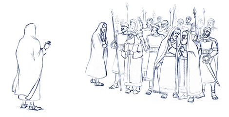 Fototapeta na wymiar Pharisees and high priests with soldiers in Gethsemane. Pencil drawing
