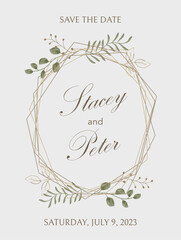 Wedding invitation card in rustic style with floral wreath