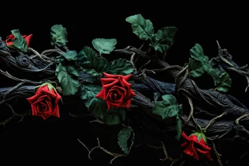 Fotobehang blood red roses on a curly vine, ivy. thorns and green leaves. dry curly branches. toxic love concept.  © ana