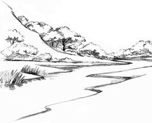 Pencil drawing. Summer river view