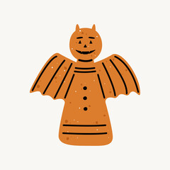 A flat vector cartoon illustration of a gingerbread imp with wings for Halloween. Cute homemade holiday pastries. Isolated design on a white background.