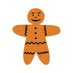 A flat vector cartoon illustration of a gingerbread man for Halloween. Cute homemade holiday pastries. Isolated design on a white background.