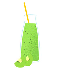 Flat vector cartoon summer illustration of a kiwi smoothie in a glass bottle with a straw. Refreshing drink. Isolated design on a white background.