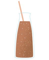 A flat vector cartoon summer illustration of a chocolate protein smoothie in a glass bottle with a straw. Refreshing drink. Isolated design on a white background.