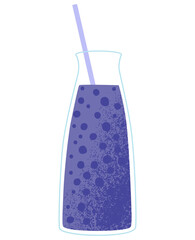 Flat vector cartoon summer illustration of blueberry smoothie in a glass bottle with a straw. Refreshing drink. Isolated design on a white background.