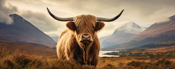Photo sur Aluminium Highland cattle with mountains in the background