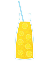 Flat vector cartoon summer illustration of lemonade in a glass bottle with a straw. A refreshing summer homemade drink. Isolated design on a white background.