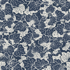 Elegant navy blue and off-white autumn leaf pattern. Moody design is perfect for thanksgiving and fall. Lush and beautiful dark indigo leafy branches.  Victorian-style seamless vector pattern.