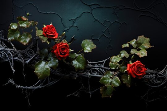 blood red roses on a curly vine, ivy. thorns and green leaves. dry curly branches. valentines concept. 