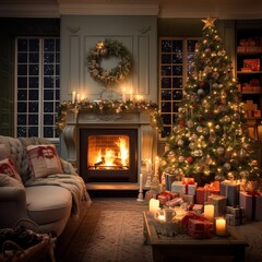 fireplace with Christmas decorations, Christmas tree