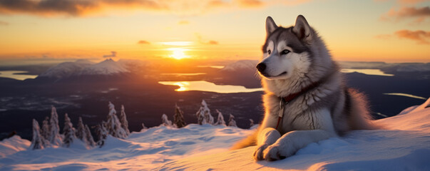 Naklejka premium Husky admiring the sunset in the winter from mountain top