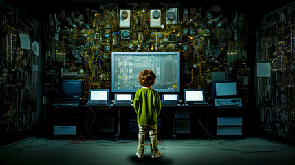 Young boy standing in front of computer monitor in dark room.