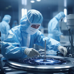 Technician working on an integrated circuit being manufactured in a semiconductor plant