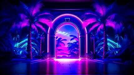 Purple and blue room with palm trees and neon light at the end of the room. - obrazy, fototapety, plakaty