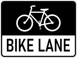 Vector graphic of a usa Bike  Lane highway sign. It consists of the silhouette of a bicycle and the wording Bike Lane contained in a black and white rectangle