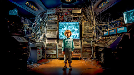 Young boy standing in front of bunch of electronic equipment in room.