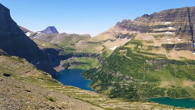 Establishing shot of Hidden Lake and Bearhat Mountain in Glacier National Park, Montana.