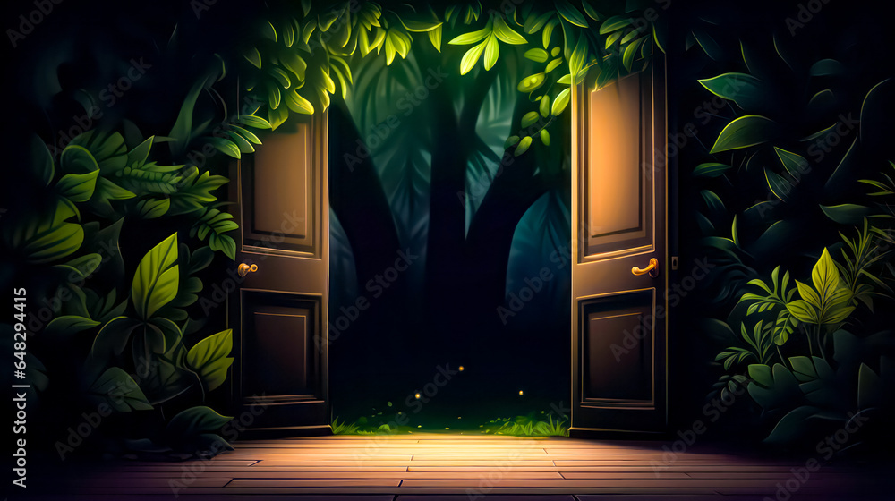 Poster open door to dark forest with tree in the middle of it.