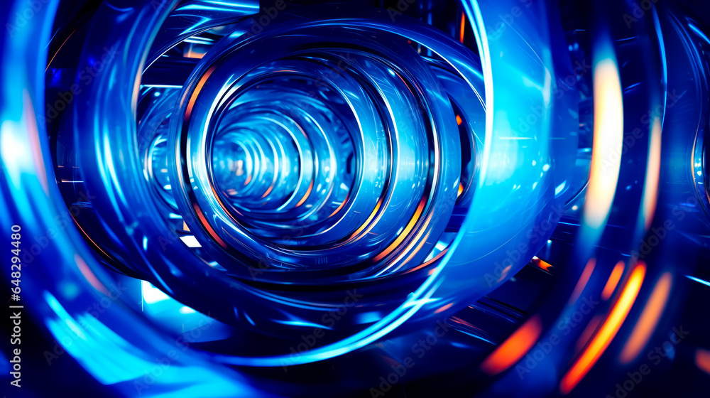 Poster close up of blue circular object in the middle of room.