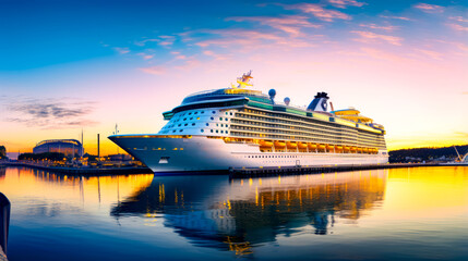 Large cruise ship docked in harbor at sunset with colorful sky in the background. - obrazy, fototapety, plakaty