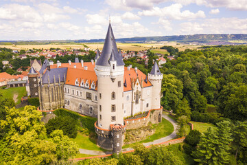 Aerial view of Zleby castle. Famous gothic landmark in summer landscape. Czech republic, European union.