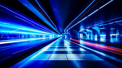 Long exposure photo of subway tunnel with blue and red light streaks.