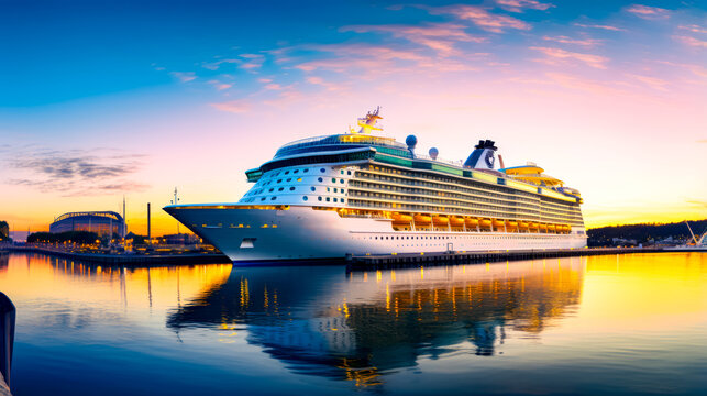 Large cruise ship docked in harbor at sunset with colorful sky in the background.