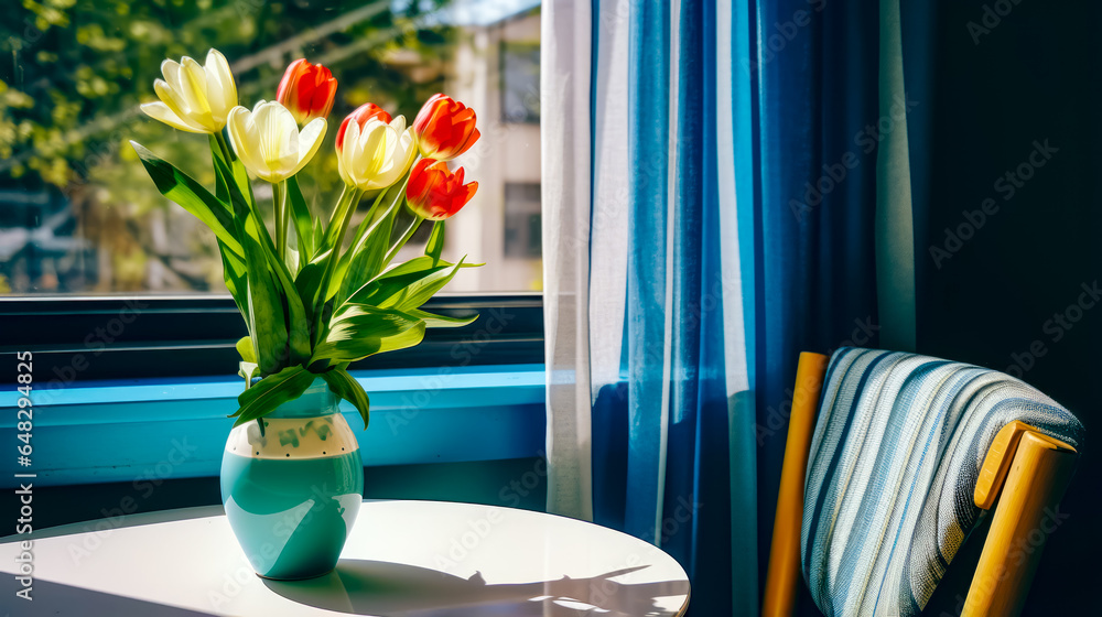 Poster vase of tulips on table in front of window.