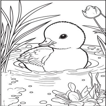 depicting adorable friendly duckling swimming coloring page