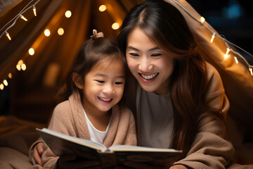 Asian mother and little daughter girl reading a book together in cozy kids tent in bedroom. Spending time together - obrazy, fototapety, plakaty