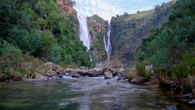 Lisbon River flowing towards the camera with Lisbon Falls in the background, Panorama Route, Graskop, Mpumalanga, South Africa