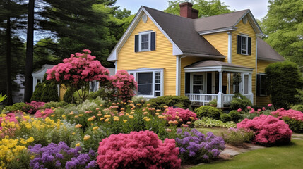 Fototapeta na wymiar yellow house with flowers