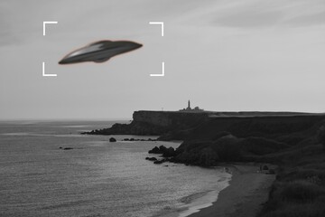 UFO concept, alien on a camera screen