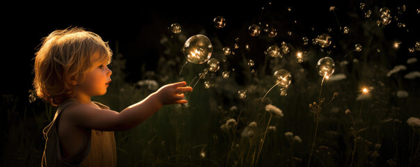 The joy and wonder of a child magical moment blowing bubbles and catching fireflies