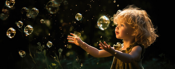 The joy and wonder of a child magical moment blowing bubbles and catching fireflies