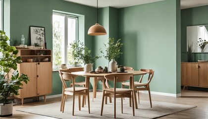 Mid-century modern interior - mint color chairs at wooden dining table in room with sofa and...