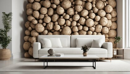 Fototapeta na wymiar Modern interior with rustic accents - root ball coffee table near white sofa against stone paneled white wall, minimalist living room design
