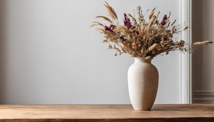 Dried flower decor in modern interior - wooden table with vase near empty wall, home background with copy space