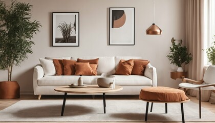 Modern interior with terra cotta accents - round coffee table near white corner sofa against paneling wall with art poster, Scandinavian style living room