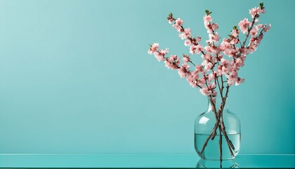 Turquoise wall backdrop - glass vase with pink flower twigs on glass table, home interior design with copy space