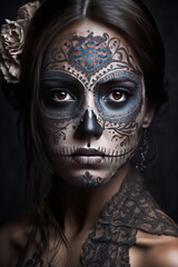 Young girl with the Day of the Dead make up and costume, Mexican tradition, generative AI