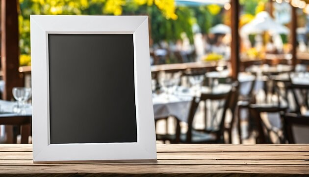 Empty white paper frame poster for mockup on wooden table, blurred outdoor restaurant background for menu, advertising, design, sign