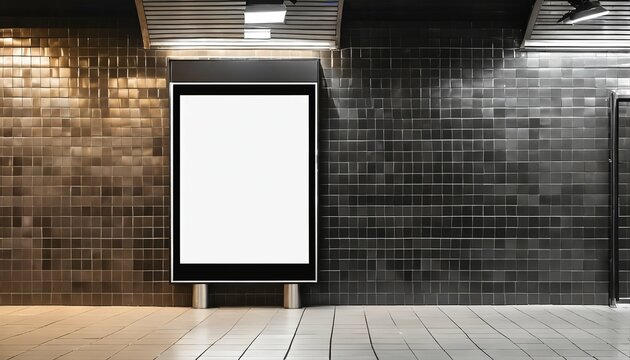 Tile wall background in subway station with blank white digital billboard black frame light box, empty poster advertisement for mockup, design, display, marketing